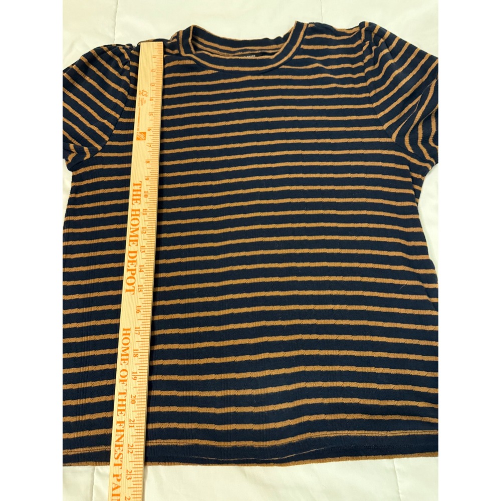 Lucky Brand Women Navy Brown Striped Puff Sleeve Ribbed Knit Top 7WD61577 Large - Picture 6 of 7